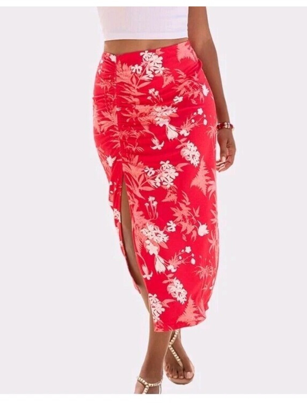 Lascana Ruched Slit Midi Skirt 2 Red Floral NWT